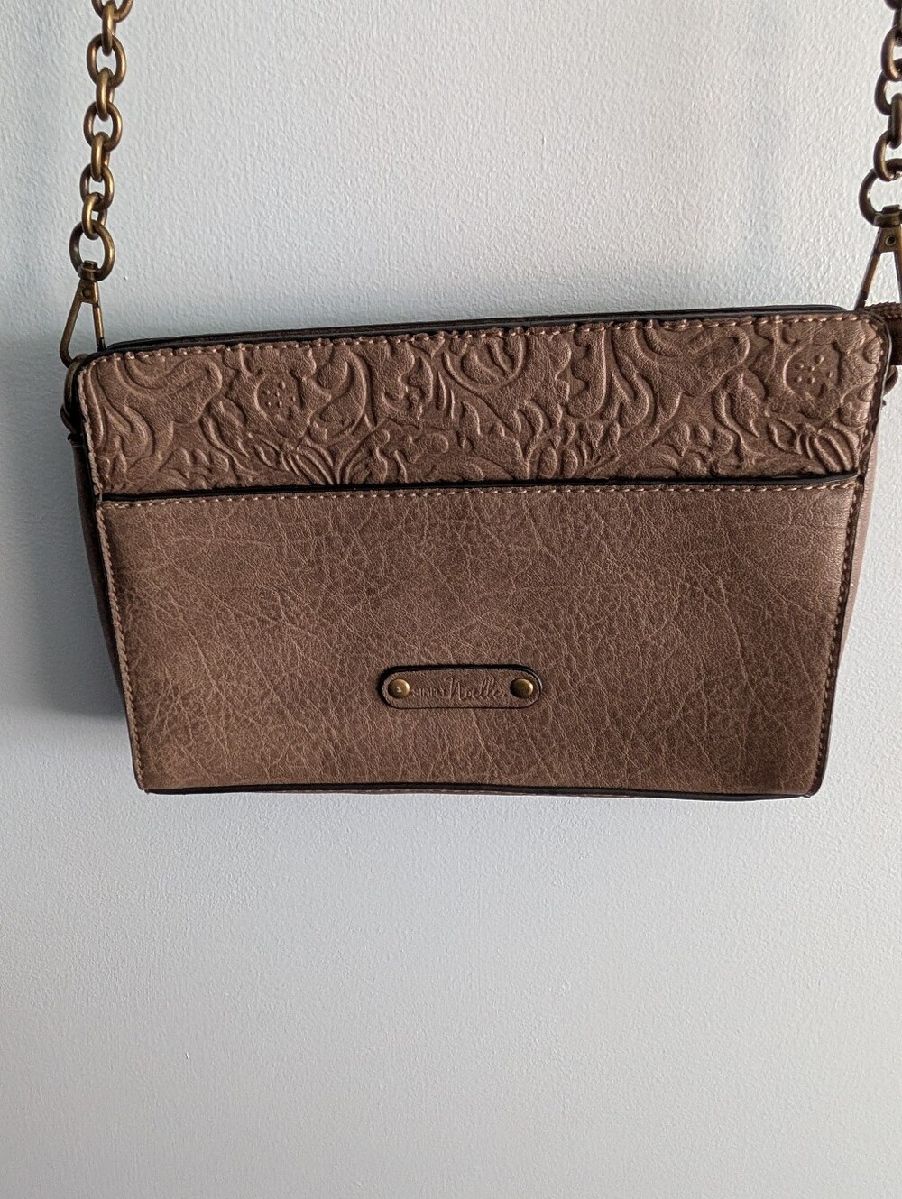 Simply Noelle Embossed Floral Brown Crossbody with Chain Strap